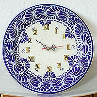 Ceramic wall clock, 'Talavera Blues' - Hand Painted Talavera Cobalt Blue Wall Clock