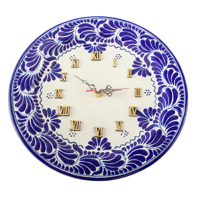 Ceramic wall clock, 'Talavera Blues' - Hand Painted Talavera Cobalt Blue Wall Clock