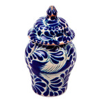 Decorative ceramic jar, 'Blue Puebla Swallow' - Blue on Ivory Swallow Motif Talavera Style Ginger Jar