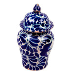 Decorative ceramic jar, 'Blue Puebla Swallow' - Blue on Ivory Swallow Motif Talavera Style Ginger Jar