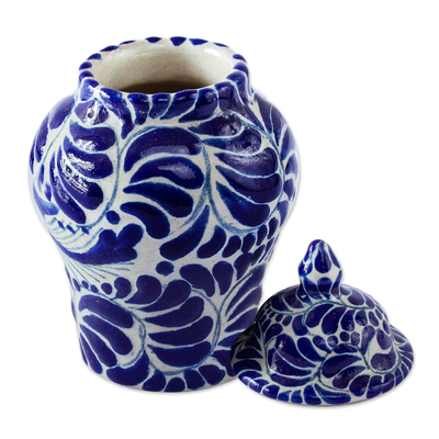 Decorative ceramic jar, 'Blue Puebla Swallow' - Blue on Ivory Swallow Motif Talavera Style Ginger Jar