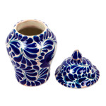 Decorative ceramic jar, 'Blue Puebla Swallow' - Blue on Ivory Swallow Motif Talavera Style Ginger Jar