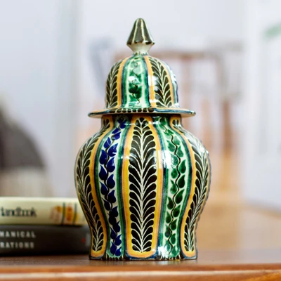 Decorative ceramic jar, 'Moorish Ferns' - Multicolour Moorish Fern Motif Talavera Style Ginger Jar