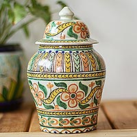 Decorative ceramic jar, 'Puebla Peach Blossoms' - Handmade Floral Talavera Style Decorative Ginger Jar