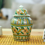 Decorative ceramic jar, 'Puebla Peach Blossoms' - Handmade Floral Talavera Style Decorative Ginger Jar