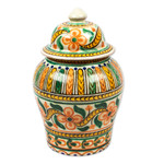 Decorative ceramic jar, 'Puebla Peach Blossoms' - Handmade Floral Talavera Style Decorative Ginger Jar