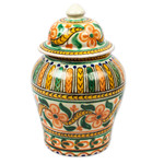 Decorative ceramic jar, 'Puebla Peach Blossoms' - Handmade Floral Talavera Style Decorative Ginger Jar