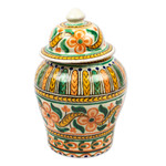 Decorative ceramic jar, 'Puebla Peach Blossoms' - Handmade Floral Talavera Style Decorative Ginger Jar