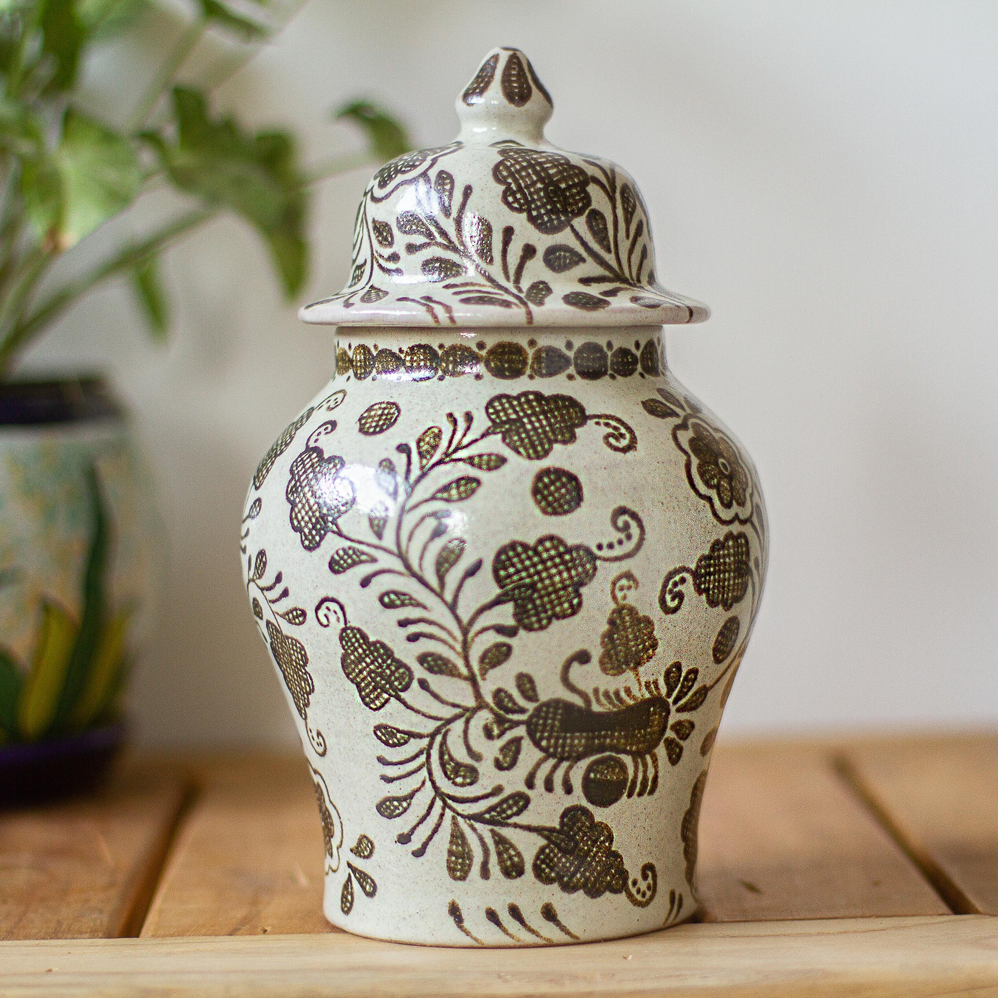 Beige & Brown Handmade Talavera Style Decorative Ginger Jar - Brown  Crosshatch Blossoms