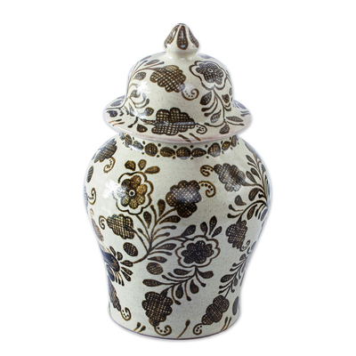 Decorative ceramic jar, 'Brown Crosshatch Blossoms' - Beige & Brown Handmade Talavera Style Decorative Ginger Jar