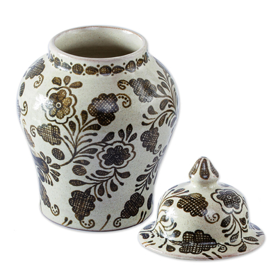 Tarro de cerámica decorativo - Tarro de jengibre decorativo estilo talavera beige y marrón hecho a mano