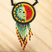 Beaded pendant necklace, 'Wirikuta Sun' - Sun and Moon Themed Huichol Beaded Necklace