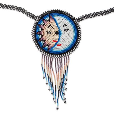Beaded pendant necklace, 'Wirikuta Eclipse in Blue' - Beaded Pendant Necklace from Huichol Artisan
