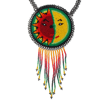 Beaded pendant necklace, 'Wirikuta Eclipse in Green' - Handmade Beaded Huichol Eclipse Pendant Necklace