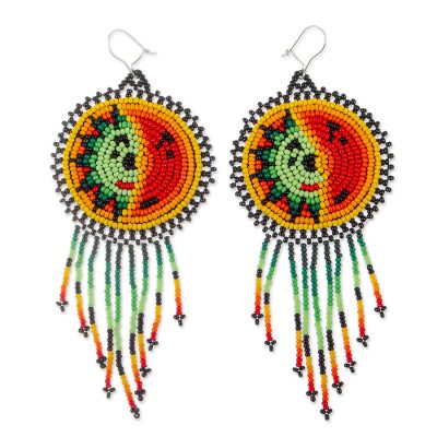 Beaded waterfall earrings, 'Wirikuta Sun' - Long Colorful Beaded Huichol Waterfall Earrings