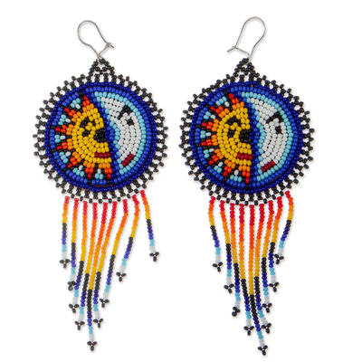 Beaded waterfall earrings, 'Wirikuta Eclipse in White' - Huichol Beaded Waterfall Earrings from Mexico