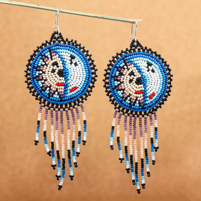 Beaded waterfall earrings, 'Wirikuta Eclipse in Blue' - Handmade Huichol Beaded Waterfall Earrings