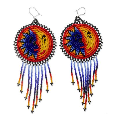 Beaded waterfall earrings, 'Wirikuta Eclipse in Yellow' - Hand Beaded Huichol Long Waterfall Earrings