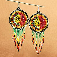 Beaded waterfall earrings, 'Wirikuta Eclipse in Red' - Multicolored Huichol Long Beaded Waterfall Earrings