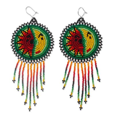 Beaded waterfall earrings, 'Wirikuta Eclipse in Green' - Huichol Style Long Beaded Waterfall Earrings