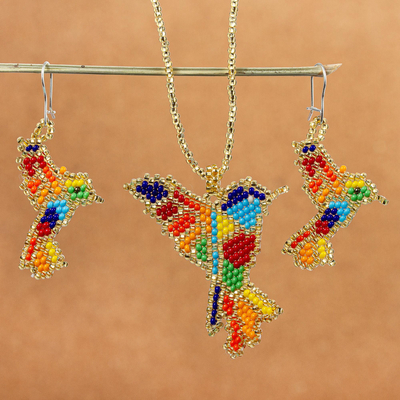 Beaded jewelry set, 'Hummingbird Rainbows' - Multicolored Glass Beaded Hummingbird Jewelry Set