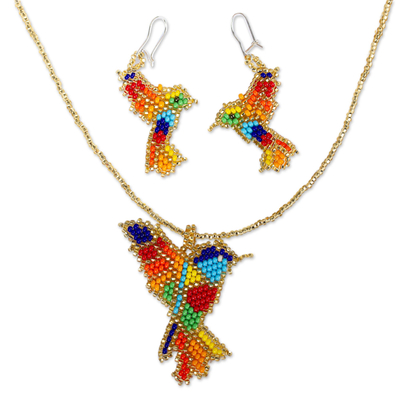 Beaded jewelry set, 'Hummingbird in Rainbow' - Multicolored Glass Beaded Hummingbird Jewelry Set