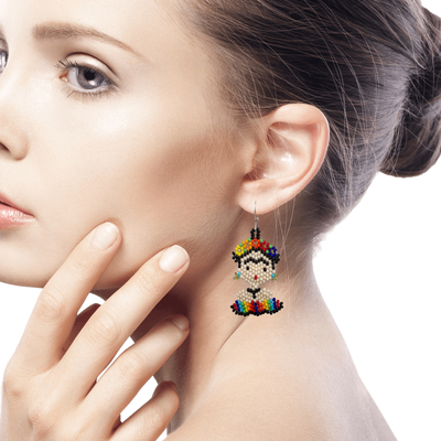Beaded dangle earrings, 'Rainbow Frida' - Handmade Multicolored Beaded Frida Earrings
