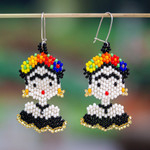 Beaded dangle earrings, 'Frida in Black' - Handmade Beaded Frida Dangle Earrings