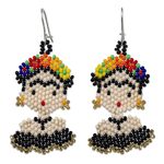 Beaded dangle earrings, 'Frida in Black' - Handmade Beaded Frida Dangle Earrings