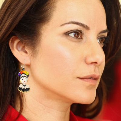 Beaded dangle earrings, 'Frida in Black' - Handmade Beaded Frida Dangle Earrings