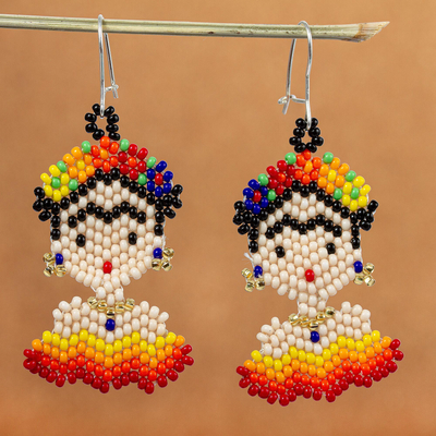 Beaded dangle earrings, 'Frida in Red and Yellow' - Handmade Beaded Earrings on Sterling Silver Hooks