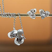 Conjunto de joyas de plata, 'Blooming Orchid' - Conjunto de joyas de plata artesanal pulida con temática de orquídeas