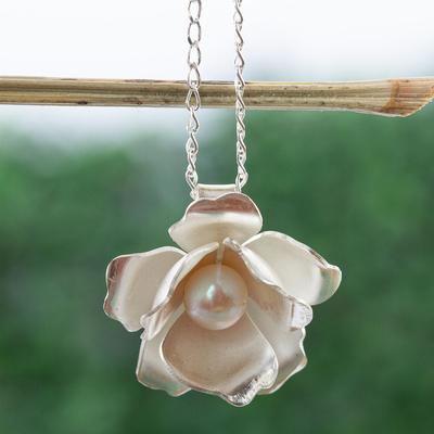 Cultured pearl pendant necklace, 'Lovely Gardenia' - Cultured Pearl and 950 Silver Flower Pendant Choker