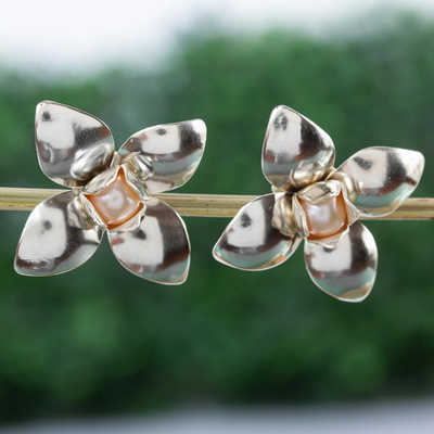 Cultured pearl button earrings, 'Delicate Flower' - Cultured Pink Pearl Flower Earrings
