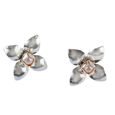 Cultured pearl button earrings, 'Delicate Flower' - Cultured Pink Pearl Flower Earrings