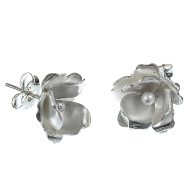 Silver button earrings, 'Lovely Gardenia' - Gardenia Blossom 950 Silver Button Earrings