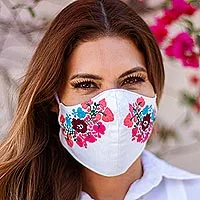 Embroidered cotton face mask, 'Summer Roses' - Reusable Floral Embroidered Cotton Face Mask