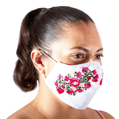 Embroidered cotton face mask, Rose Garden