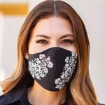Embroidered cotton face mask, 'Flower Garden in Beige' - Black and Beige Floral Face Mask with 2 Layers