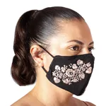 Embroidered cotton face mask, 'Flower Garden in Beige' - Black and Beige Floral Face Mask with 2 Layers