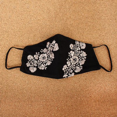 Embroidered cotton face mask, 'Flower Garden in Beige' - Black and Beige Floral Face Mask with 2 Layers