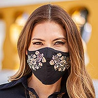 Featured review for Embroidered cotton face mask, Flower Garden in Gold