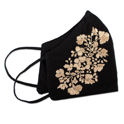 Embroidered cotton face mask, 'Flower Garden in Gold' - Golden Embroidery Reusable All Cotton Face Mask