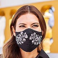 Reusable and Washable Black Cotton Floral Face Mask,'Flower Garden in Ivory'