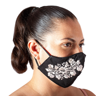 Embroidered cotton face mask, 'Flower Garden in Ivory' - Reusable and Washable Black Cotton Floral Face Mask
