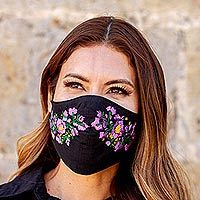 Máscara facial de algodón bordada, 'Lilac Garden' - Máscara facial de algodón de doble capa contorneada reutilizable