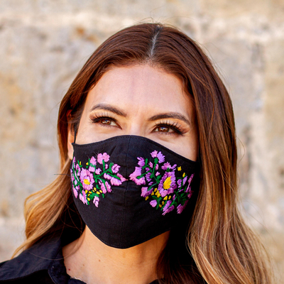 Embroidered cotton face mask, 'Lilac Garden' - Reusable Contoured Double-Layer Cotton Face Mask