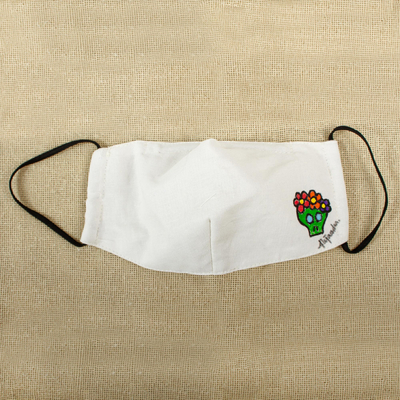 Cotton face mask, 'Little Green Skull' - Hand-Painted Cotton 3-Layer Green Floral Skull Motif Mask