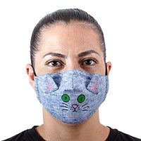 Baumwoll-Gesichtsmaske, „Chambray Kitty Cat“ – Blaue Baumwoll-Chambray-3-lagige Ohrschlaufen-Katzen-Gesichtsmaske