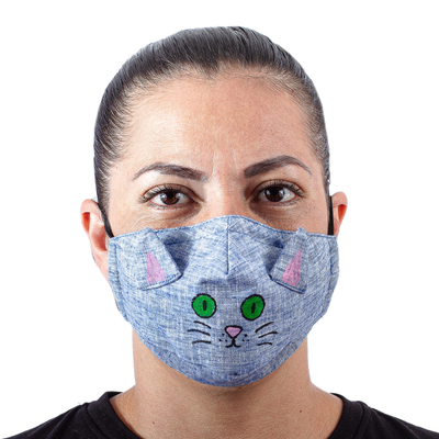 Mascarilla de algodón - Mascarilla facial de gato de 3 capas de cambray de algodón azul